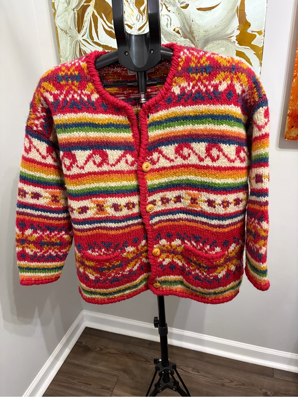 VTG 90s Express Tricot Hand Knitted Wool Cardigan Fair Isle Chunky Knit M/L